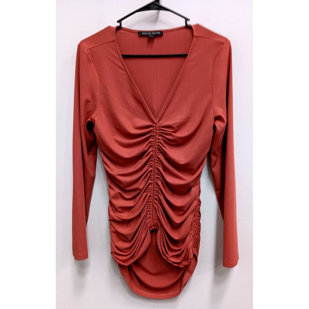 Boston Proper Ruched Ribbed V-Neck Top Womens Medium Rust Long Sleeve Sexy Party